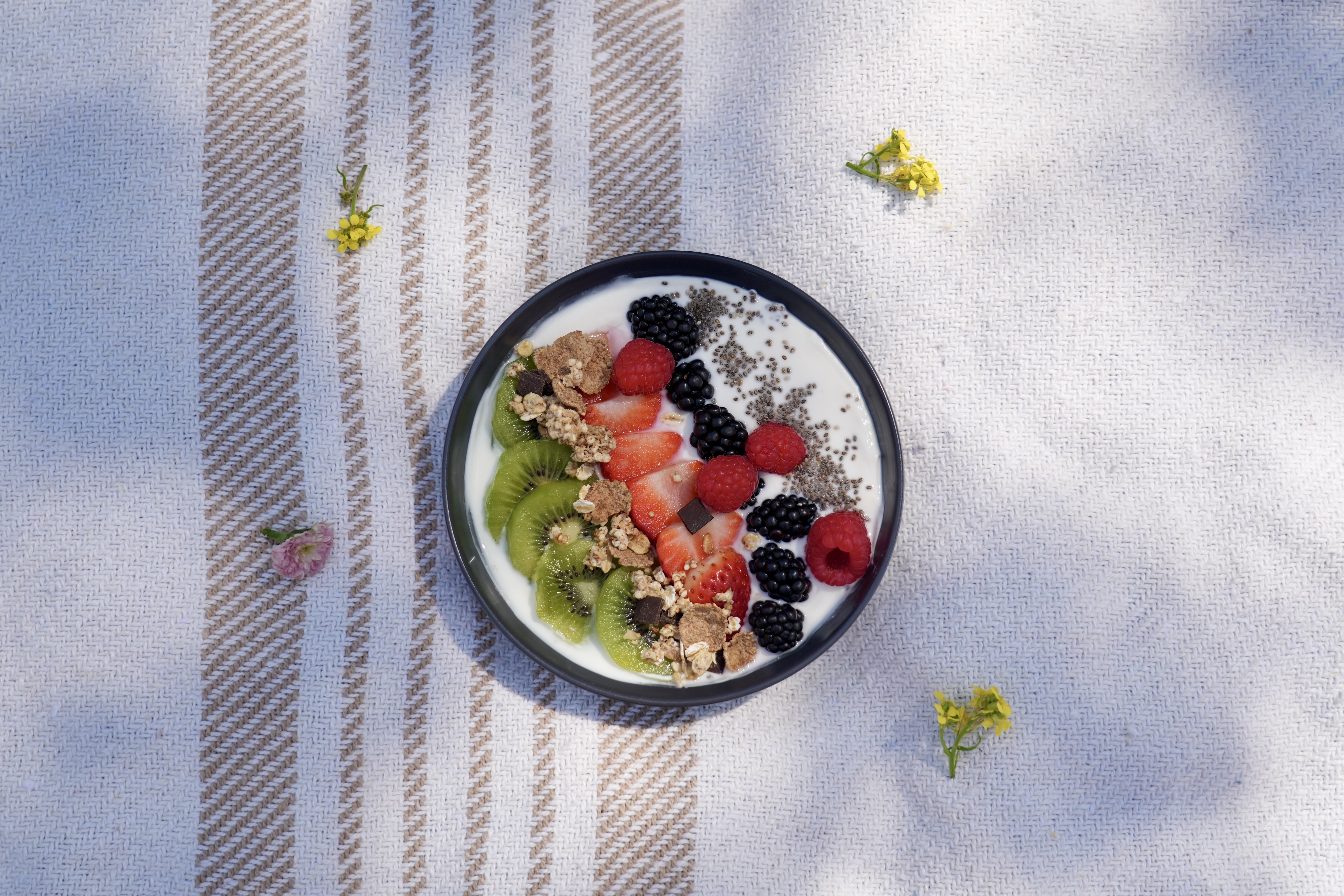 Yogurt bowl with fresh fruit, granola and chia seeds — healthy breakfast Mallorca
